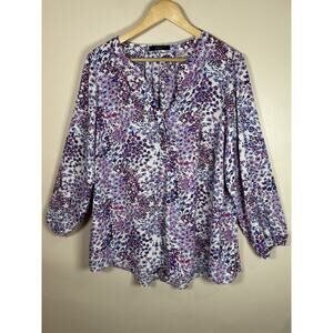 TAHARI Womens Plus Size Peasant Blouse Top Floral Purple 1X Boho